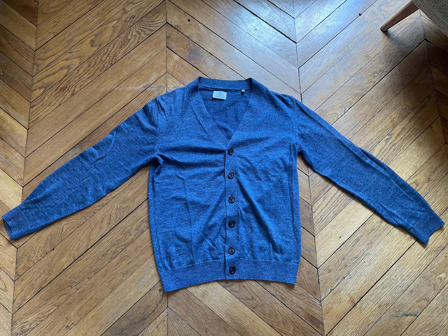 Cardigan lin laine bleu chiné