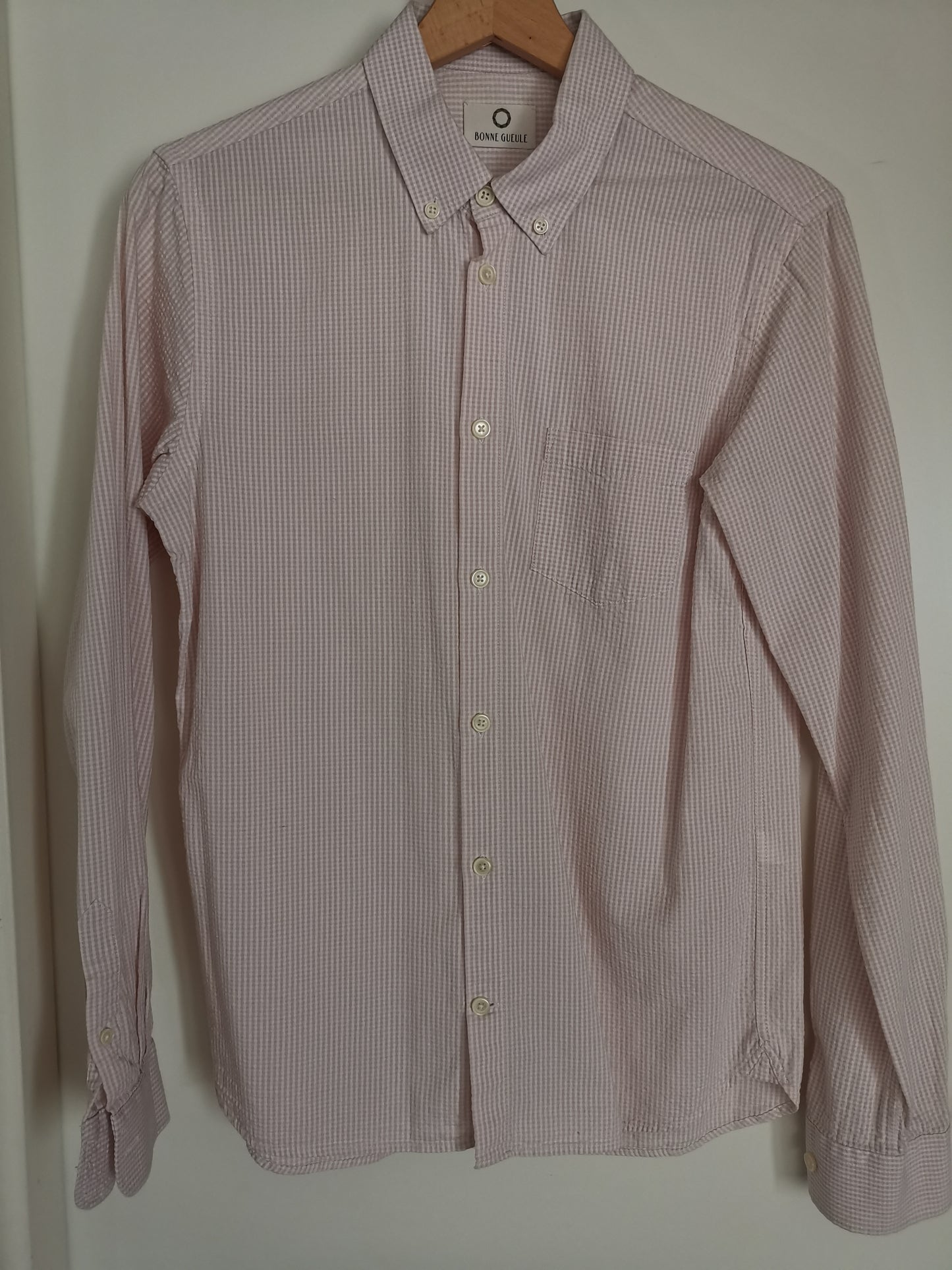 Chemise seersucker Vichy rose et blanc