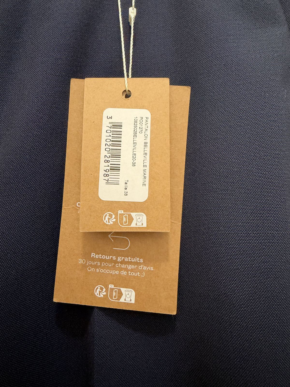 Pantalon Belleville marine neuf