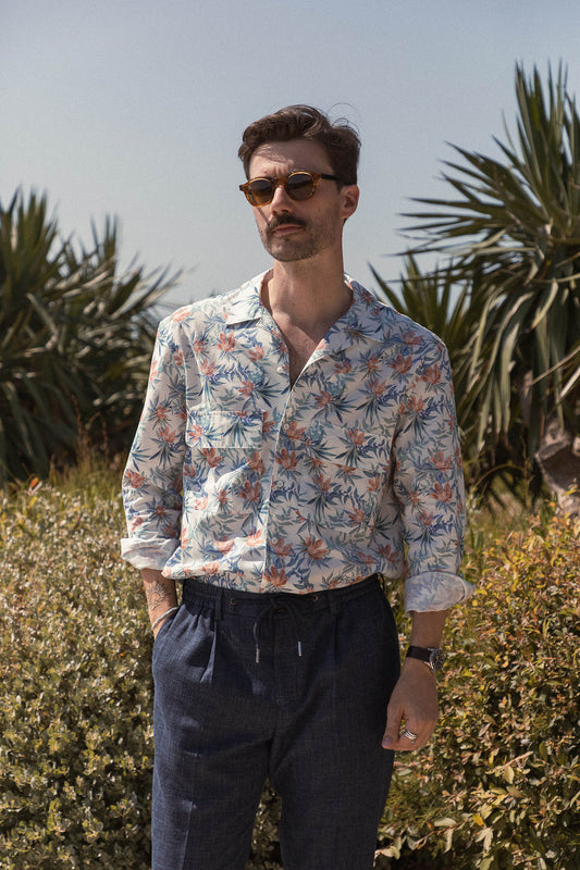 Chemise Hanami à imprimé floral bleu et terracotta